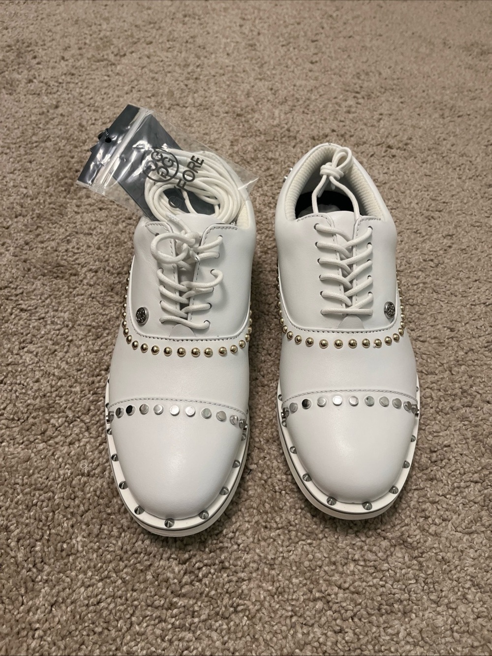 G/FORE White Studded Lace-Up Flats with Mixed Metal Accents